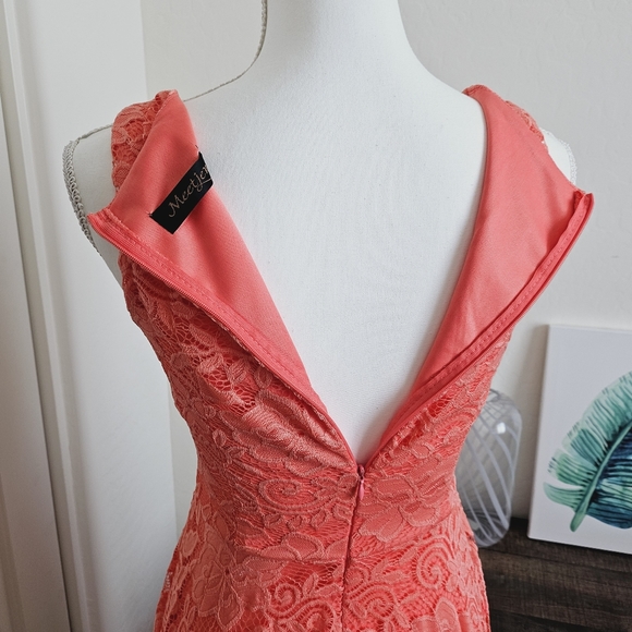 NWOT Meetjen Women's Vintage Floral Lace Asymmetrical Hem Coral Cocktail Dress - Picture 6 of 12